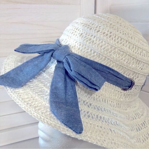 Off White Woven Wide Brim Kids Summer Hat OS - Picture 2 of 9